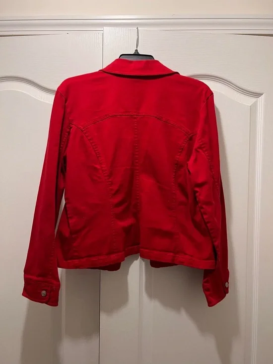 Red Button-Front Denim Jacket - Picture 2 of 3